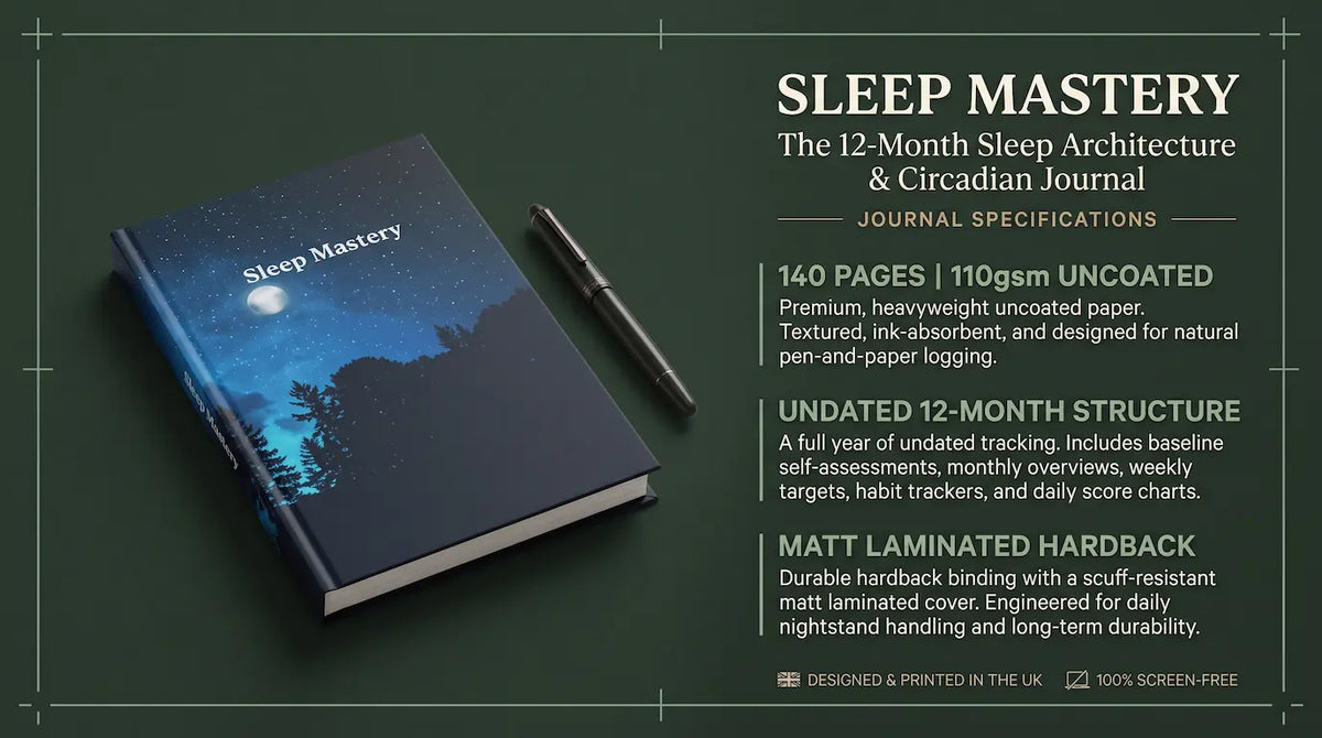 A dark journal titled 'Sleep Mastery' with a blue night-sky cover design, shown beside a black pen on a dark green background with product specifications text on the right.