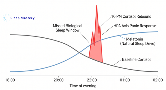Clinical circadian graph illustrating the 10 PM second wind, demonstrating how missing the natural sleep window triggers an unnatural cortisol rebound and HPA axis panic response.