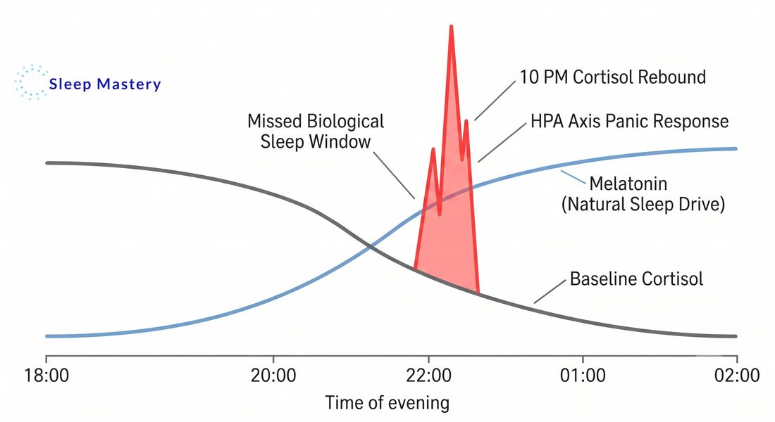 Clinical circadian graph illustrating the 10 PM second wind, demonstrating how missing the natural sleep window triggers an unnatural cortisol rebound and HPA axis panic response.