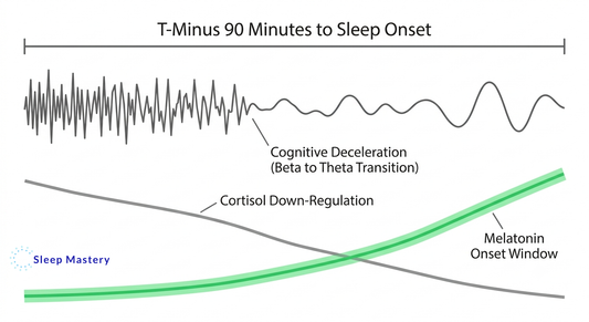 Clinical timeline diagram illustrating the biological mechanics of a 90-minute sleep wind-down routine, demonstrating the required transition from beta to theta brainwaves, alongside cortisol down-regulation and melatonin onset.