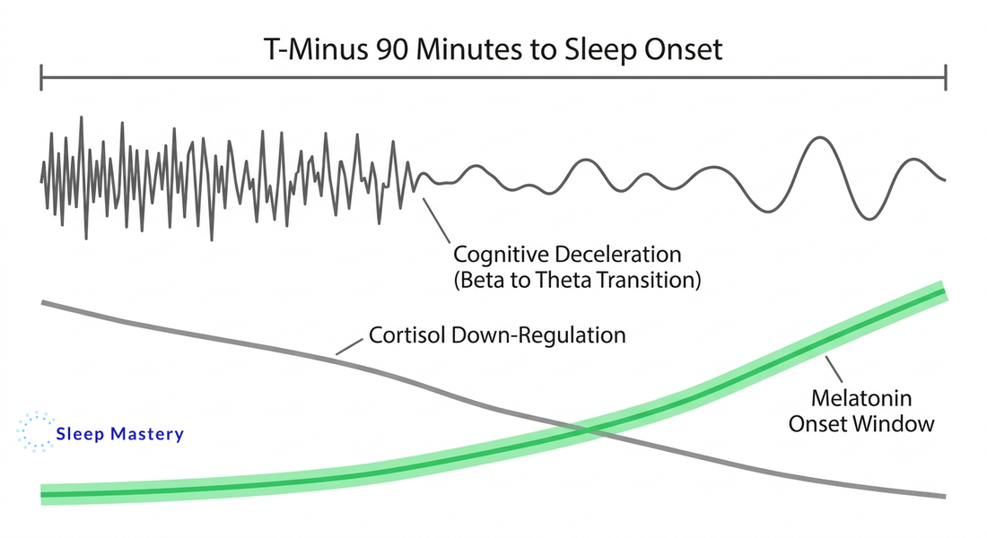 Clinical timeline diagram illustrating the biological mechanics of a 90-minute sleep wind-down routine, demonstrating the required transition from beta to theta brainwaves, alongside cortisol down-regulation and melatonin onset.
