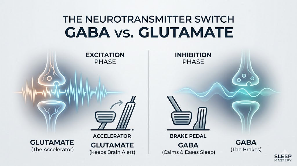 Infographic of how GABA vs Glutamate operates in the body.