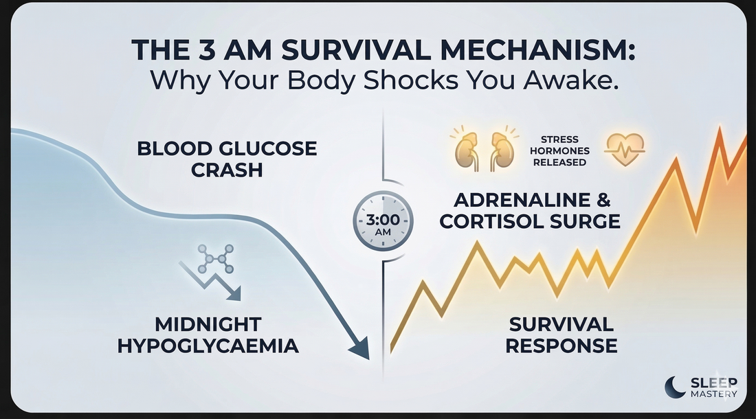 A line graph showing the drop from a blood glucose crash and the associated spike in adrenaline and survival response from the body.
