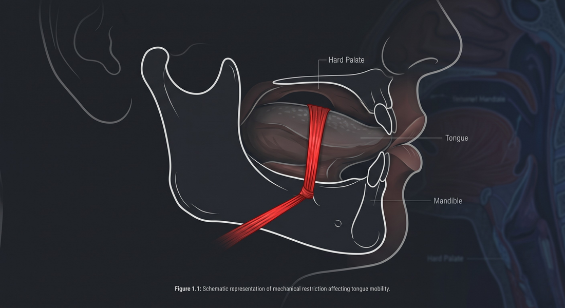 Clinical profile demonstrating an adult tongue tie restricting proper oral posture and blocking the airway.