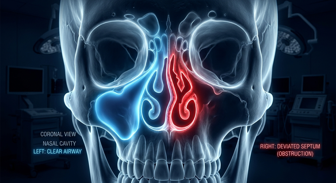 Clinical x-ray style visualization showing a deviated septum blocking the nasal airway.