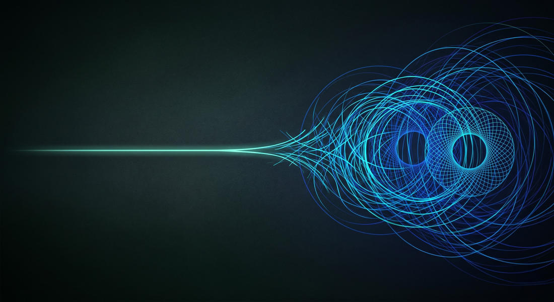 Abstract visualization of cognitive hyperarousal and a racing mind, showing calm neural waves dissolving into overthinking chaos.