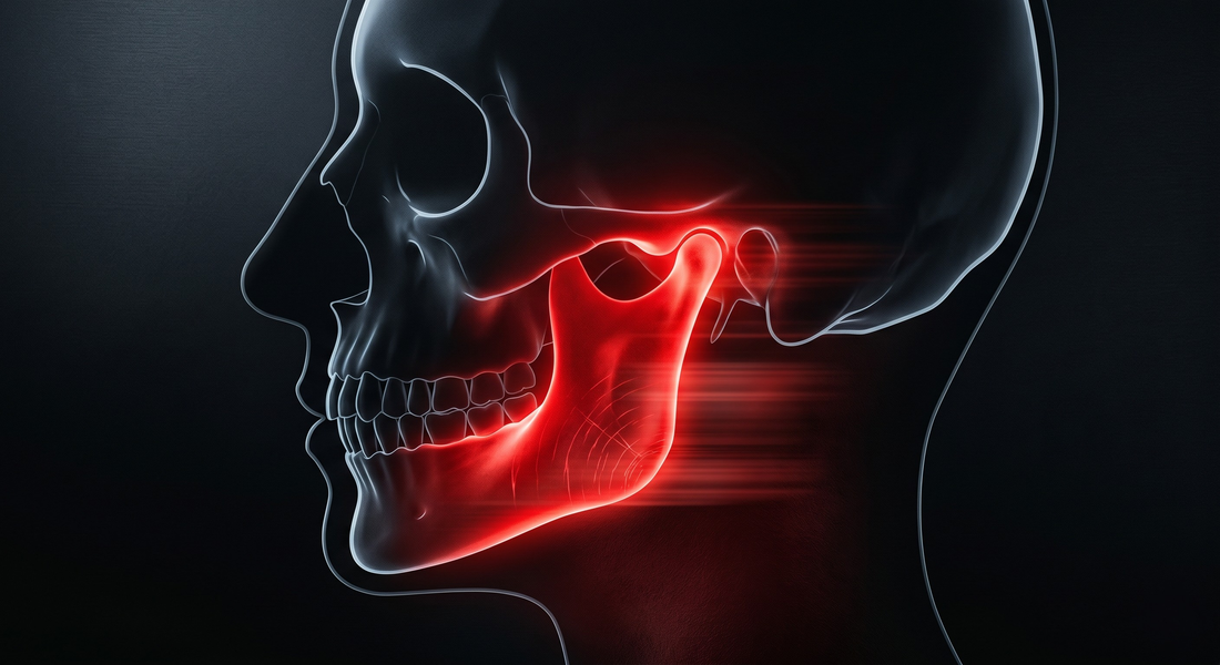Abstract anatomical visualization of nocturnal bruxism, showing extreme mechanical pressure and jaw clenching during sleep.