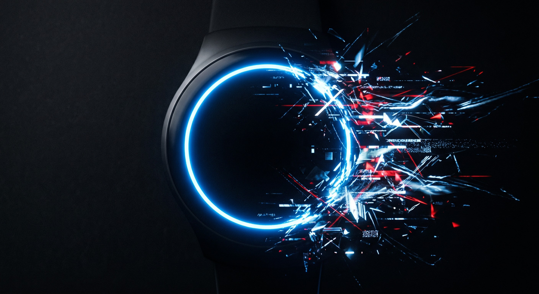 Abstract visualization of orthosomnia, showing a biometric sleep tracking circle glitching into a chaotic anxiety wave.