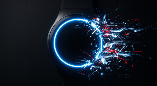 Abstract visualization of orthosomnia, showing a biometric sleep tracking circle glitching into a chaotic anxiety wave.