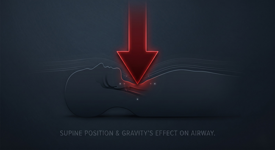 Abstract visualization of gravity collapsing the airway during supine back sleeping.