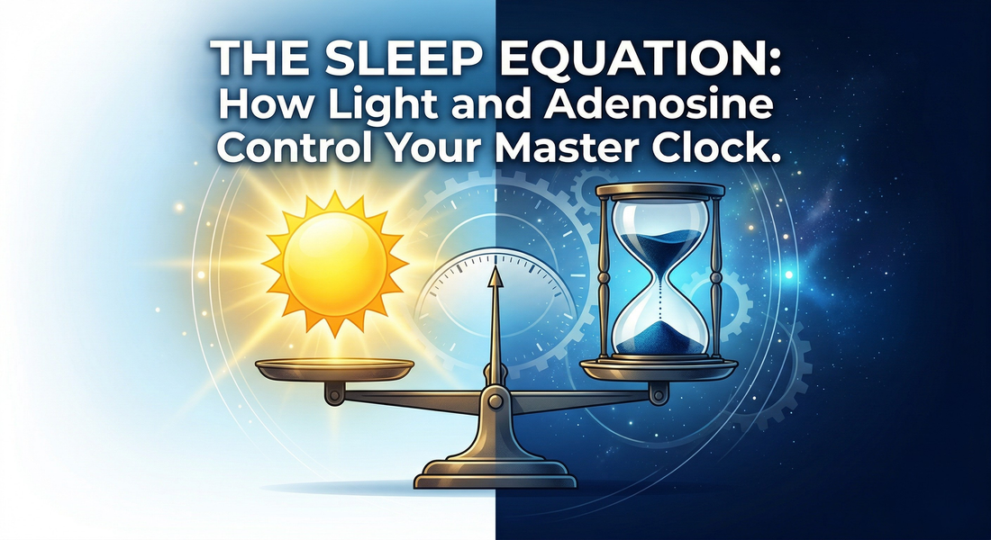 Illustration of a balance scale showing morning sunlight on one side and an adenosine hourglass on the other, representing the biological sleep drive.
