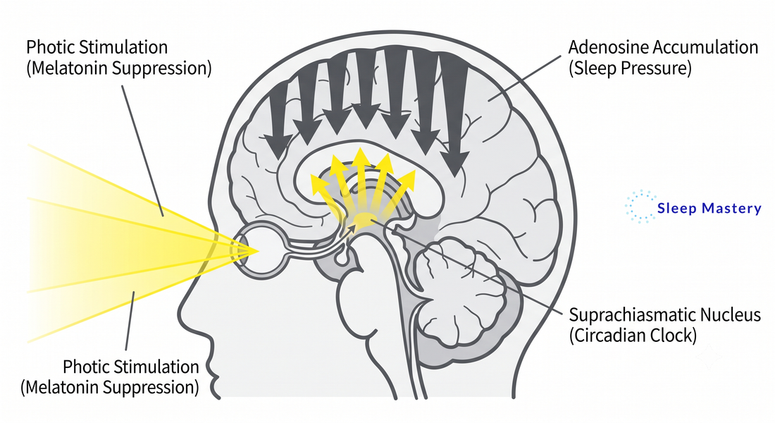 Clinical medical diagram illustrating the adenosine and light equation, demonstrating the neurological conflict between light-induced melatonin suppression in the SCN and high adenosine sleep pressure.