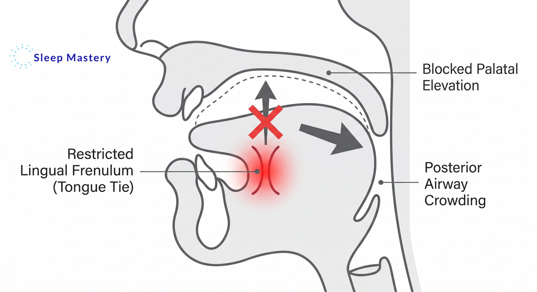 Clinical anatomical diagram illustrating an adult tongue tie, demonstrating how a restricted lingual frenulum blocks proper palatal tongue elevation and forces posterior airway crowding during sleep.