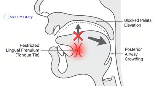 Clinical anatomical diagram illustrating an adult tongue tie, demonstrating how a restricted lingual frenulum blocks proper palatal tongue elevation and forces posterior airway crowding during sleep.