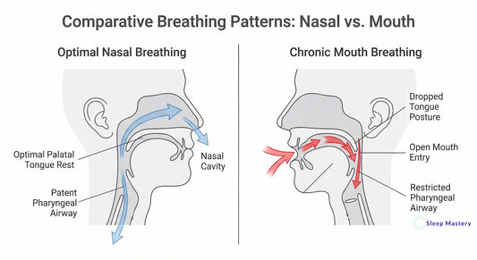 Clinical anatomical diagram comparing optimal nasal breathing with chronic mouth breathing, demonstrating how a dropped tongue posture restricts the pharyngeal airway and causes structural sleep disruption.