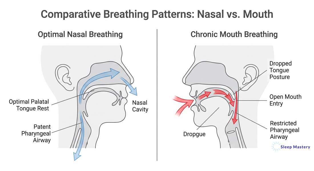 Clinical anatomical diagram comparing optimal nasal breathing with chronic mouth breathing, demonstrating how a dropped tongue posture restricts the pharyngeal airway and causes structural sleep disruption.