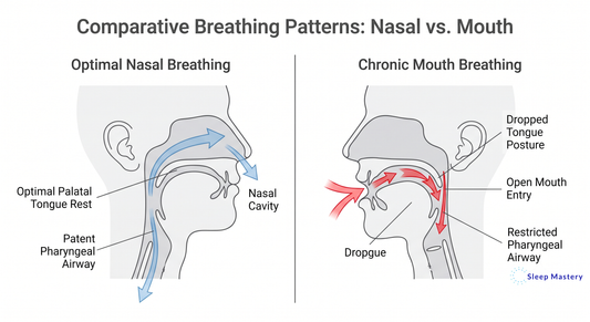 Clinical anatomical diagram comparing optimal nasal breathing with chronic mouth breathing, demonstrating how a dropped tongue posture restricts the pharyngeal airway and causes structural sleep disruption.