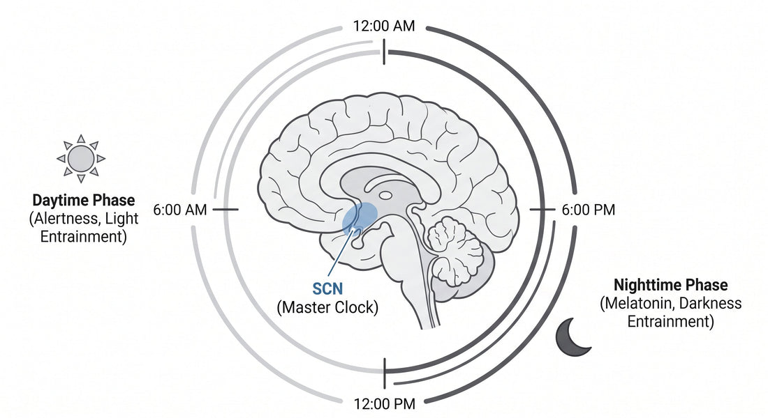 Clinical medical illustration of the suprachiasmatic nucleus and the 24-hour circadian rhythm timeline, serving as the master biological clock for sleep architecture.