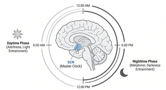 Clinical medical illustration of the suprachiasmatic nucleus and the 24-hour circadian rhythm timeline, serving as the master biological clock for sleep architecture.
