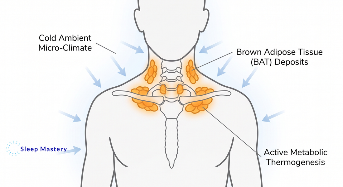 Clinical medical diagram showing how a cold ambient room temperature activates Brown Adipose Tissue (BAT) around the neck and collarbone, triggering metabolic thermogenesis and fat burning during sleep.