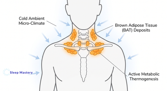 Clinical medical diagram showing how a cold ambient room temperature activates Brown Adipose Tissue (BAT) around the neck and collarbone, triggering metabolic thermogenesis and fat burning during sleep.