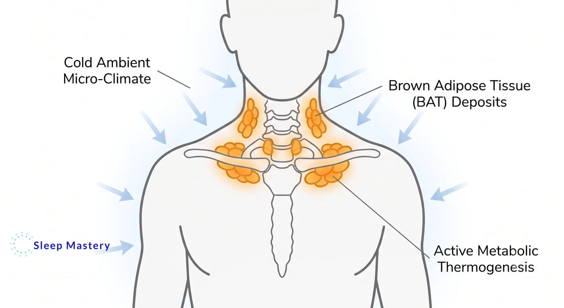 Clinical medical diagram showing how a cold ambient room temperature activates Brown Adipose Tissue (BAT) around the neck and collarbone, triggering metabolic thermogenesis and fat burning during sleep.