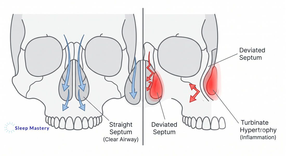 Clinical anatomical diagram comparing a normal nasal cavity to one with a severely deviated septum and turbinate hypertrophy, demonstrating structural airway restriction during sleep.