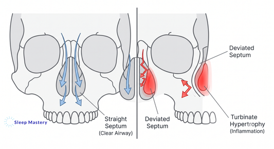 Clinical anatomical diagram comparing a normal nasal cavity to one with a severely deviated septum and turbinate hypertrophy, demonstrating structural airway restriction during sleep.