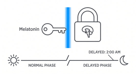 Conceptual clinical diagram illustrating how artificial blue light suppresses the pineal gland, delaying Dim Light Melatonin Onset and blocking the brain's natural sleep cycle.