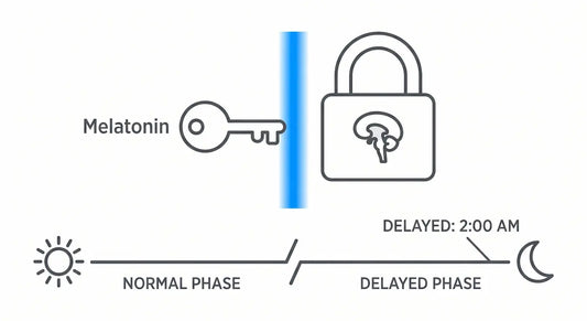 Conceptual clinical diagram illustrating how artificial blue light suppresses the pineal gland, delaying Dim Light Melatonin Onset and blocking the brain's natural sleep cycle.
