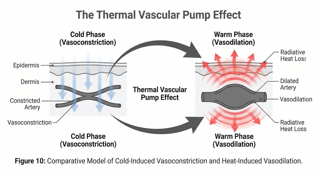 Conceptual medical diagram illustrating how a 3g dose of glycine triggers peripheral vasodilation to vent metabolic heat and drop core body temperature for sleep.