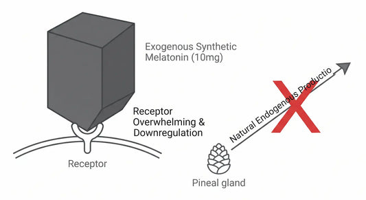 Clinical diagram illustrating how high-dose synthetic melatonin overwhelms receptors and halts natural endogenous pineal gland production.