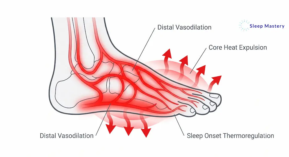 Clinical medical diagram demonstrating distal vasodilation in the foot, explaining the biological mechanism of why feet get hot at night as the body rapidly expels core heat to trigger sleep onset.