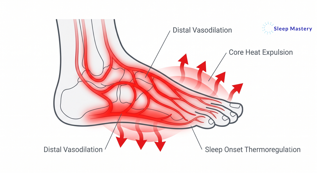Clinical medical diagram demonstrating distal vasodilation in the foot, explaining the biological mechanism of why feet get hot at night as the body rapidly expels core heat to trigger sleep onset.