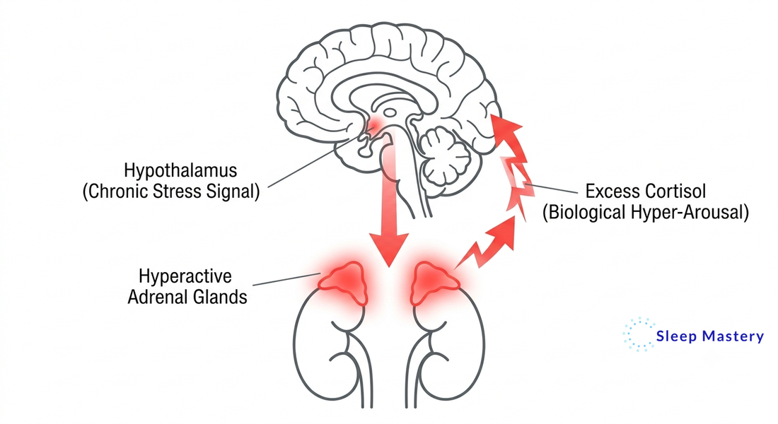 Clinical medical diagram illustrating HPA Axis dysregulation, demonstrating the hyperactive biological feedback loop between the hypothalamus and adrenal glands that causes chronic cortisol release and blocks sleep.