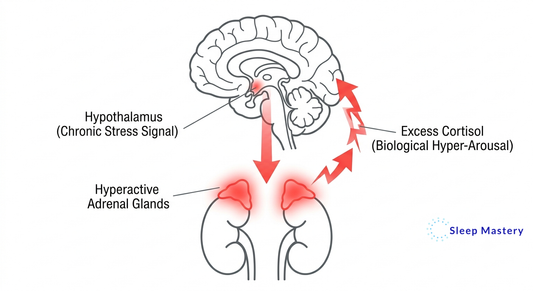 Clinical medical diagram illustrating HPA Axis dysregulation, demonstrating the hyperactive biological feedback loop between the hypothalamus and adrenal glands that causes chronic cortisol release and blocks sleep.