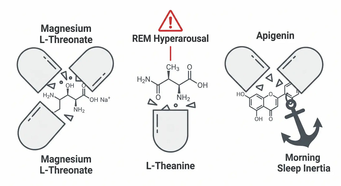 Conceptual medical diagram breaking down the neurochemical flaws of the Huberman sleep cocktail, including REM hyperarousal and morning sleep inertia.