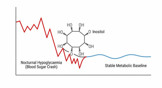 Conceptual medical diagram illustrating how Inositol regulates insulin and stabilizes nighttime blood sugar to prevent adrenaline spikes.
