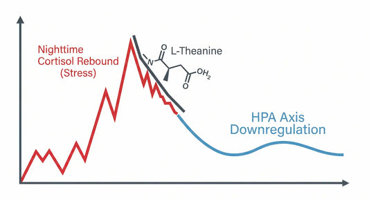 Conceptual medical diagram illustrating how the amino acid L-Theanine physically blunts late night cortisol rebounds to downregulate the HPA axis.