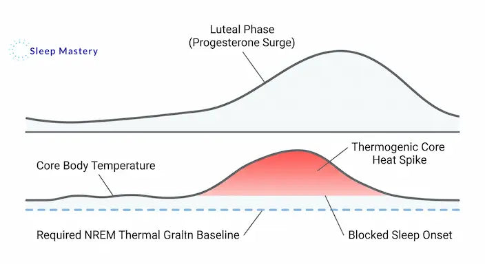 Clinical medical data graph illustrating the luteal phase heat spike, demonstrating how the thermogenic effect of a progesterone surge raises core body temperature and blocks the thermal drop required for deep NREM sleep.