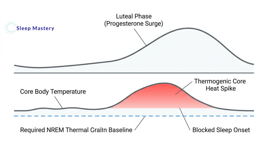 Clinical medical data graph illustrating the luteal phase heat spike, demonstrating how the thermogenic effect of a progesterone surge raises core body temperature and blocks the thermal drop required for deep NREM sleep.