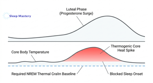 Clinical medical data graph illustrating the luteal phase heat spike, demonstrating how the thermogenic effect of a progesterone surge raises core body temperature and blocks the thermal drop required for deep NREM sleep.