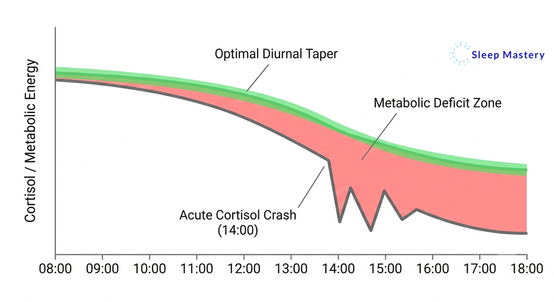 Clinical medical data graph illustrating the mid-afternoon cortisol crash, comparing an optimal diurnal hormone taper against an acute metabolic deficit at 2:00 PM.