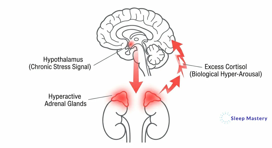 Clinical medical diagram illustrating HPA Axis dysregulation, demonstrating the hyperactive biological feedback loop between the hypothalamus and adrenal glands that causes chronic cortisol release and blocks sleep.