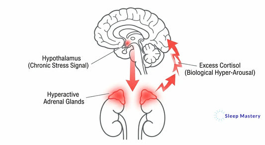 Clinical medical diagram illustrating HPA Axis dysregulation, demonstrating the hyperactive biological feedback loop between the hypothalamus and adrenal glands that causes chronic cortisol release and blocks sleep.