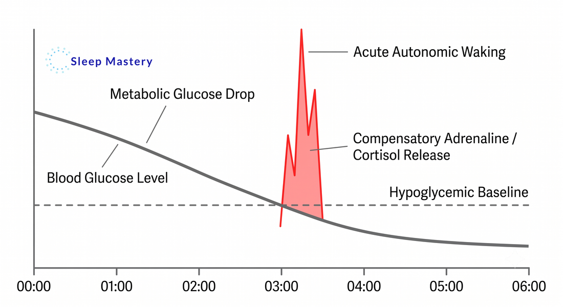 Clinical medical data graph illustrating midnight hypoglycemia, demonstrating how a drop in blood glucose triggers a compensatory adrenaline and cortisol spike that causes acute 3 AM night waking.