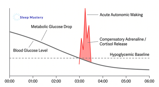 Clinical medical data graph illustrating midnight hypoglycemia, demonstrating how a drop in blood glucose triggers a compensatory adrenaline and cortisol spike that causes acute 3 AM night waking.
