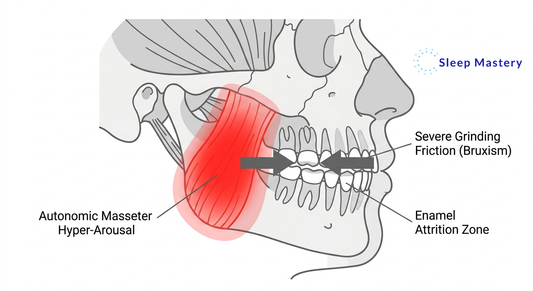 Clinical anatomical diagram illustrating nocturnal bruxism, demonstrating acute hyper-arousal of the masseter muscle and severe structural clenching friction on the jaw and teeth during sleep.