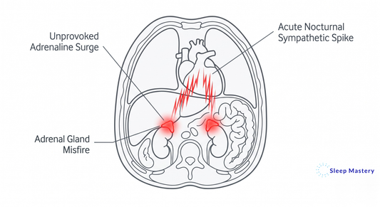 Clinical medical diagram illustrating the biology of a nocturnal panic attack, demonstrating an unprovoked adrenaline surge from the adrenal glands causing an acute sympathetic nervous system spike during sleep.