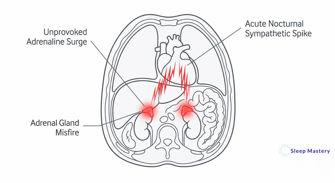Clinical medical diagram illustrating the biology of a nocturnal panic attack, demonstrating an unprovoked adrenaline surge from the adrenal glands causing an acute sympathetic nervous system spike during sleep.